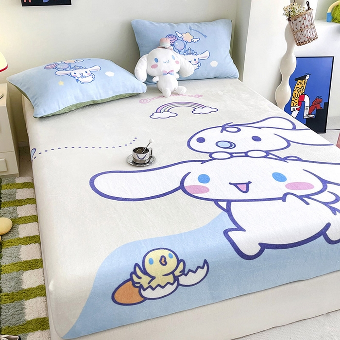 91家纺网 家纺一手货源 找家纺 米帛家纺 2024新款A类三丽鸥卡通床笠单件床罩冬季加厚牛奶绒床垫保护罩全包床单套 彩虹玉桂狗