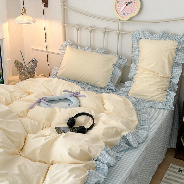 91家纺网 家纺一手货源 找家纺 2024新款花边奶油格子全棉混搭款四件套 奶酪芝士