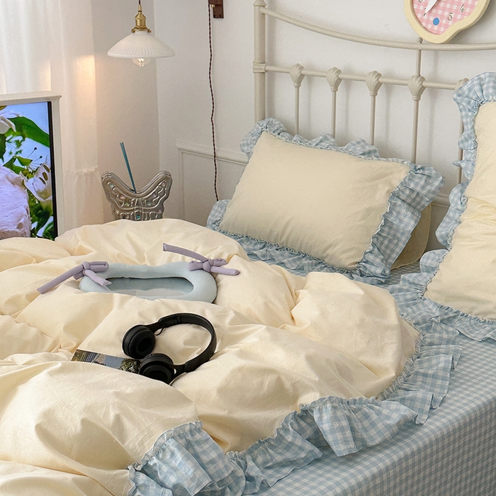 91家纺网 家纺一手货源 找家纺 2024新款花边奶油格子全棉混搭款四件套 奶酪芝士