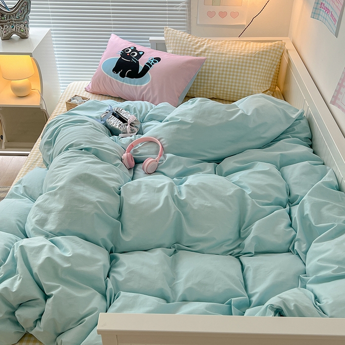 91家纺网 家纺一手货源 找家纺 2024新款全棉纯色大版枕套混搭款四件套 海盐苏打