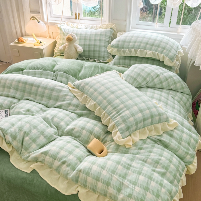 91家纺网 家纺一手货源 找家纺 2024新款高克重韩版牛奶绒四件套-奶油格子系列 奶油绿格