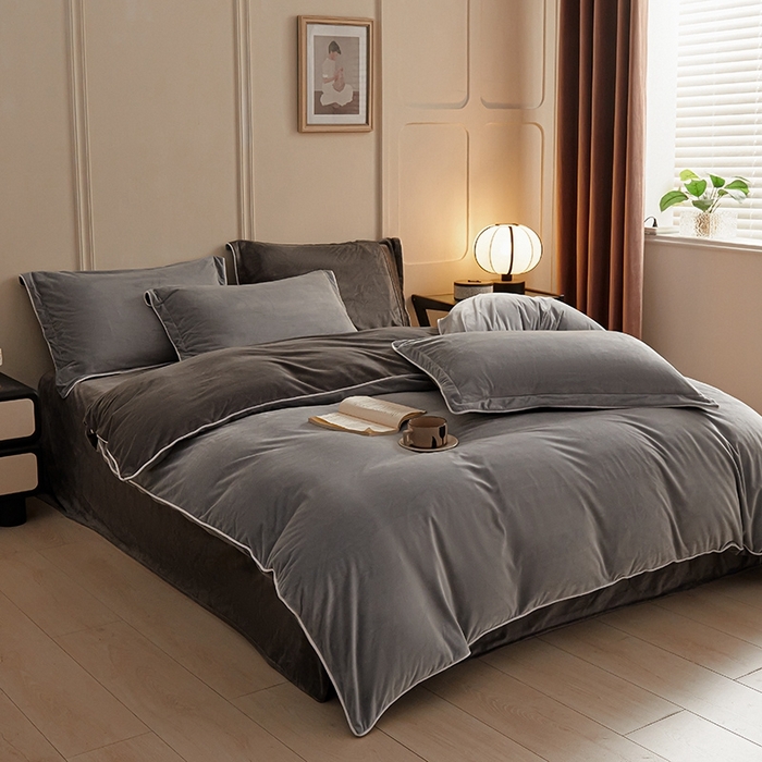 91家纺网 家纺一手货源 找家纺 澳梵家居 澳梵家居 2024新款A类宝宝绒嵌绳款四件套--【雅致系列】 浅灰+深灰