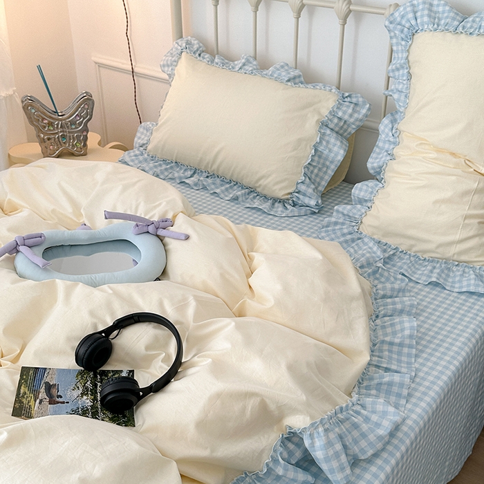 91家纺网 家纺一手货源 找家纺 2024新款花边奶油格子全棉混搭款四件套 奶酪芝士