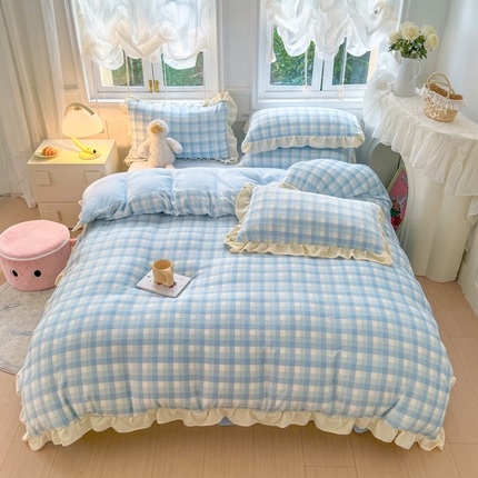 91家纺网 家纺一手货源 找家纺 2024新款高克重韩版牛奶绒四件套-奶油格子系列 奶油蓝格