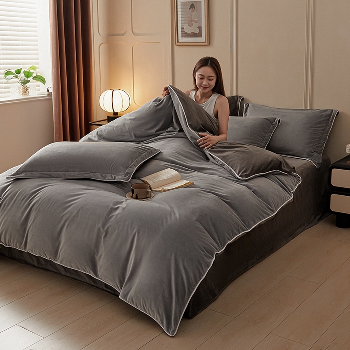 91家纺网 家纺一手货源 找家纺 澳梵家居 澳梵家居 2024新款A类宝宝绒嵌绳款四件套--【雅致系列】 浅灰+深灰