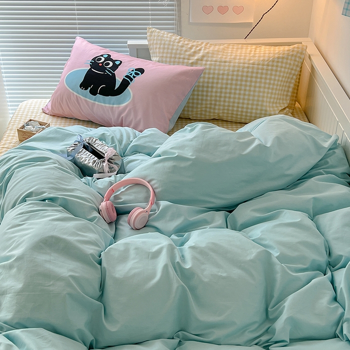 91家纺网 家纺一手货源 找家纺 2024新款全棉纯色大版枕套混搭款四件套 海盐苏打