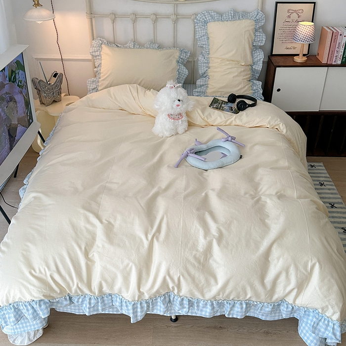 91家纺网 家纺一手货源 找家纺 2024新款花边奶油格子全棉混搭款四件套 奶酪芝士