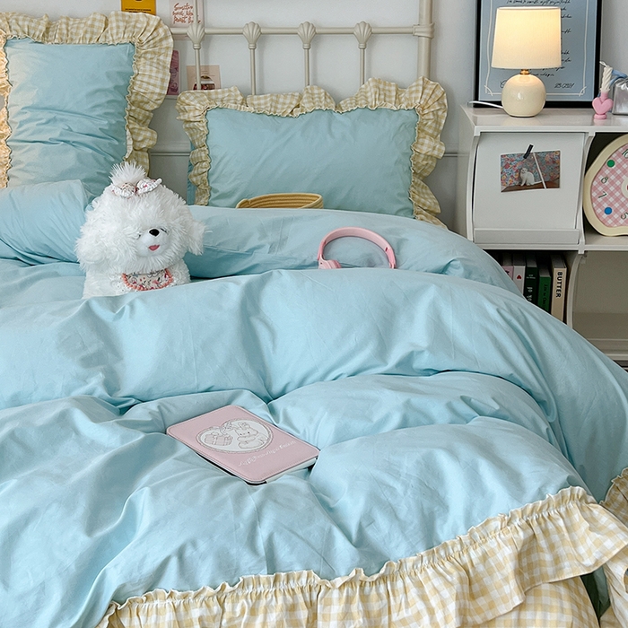 91家纺网 家纺一手货源 找家纺 （总）2024新款花边奶油格子全棉混搭款四件套