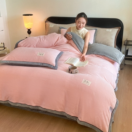 澳梵家居 2024新款牛奶绒包边嵌绳款双拼四件套 水粉拼星际灰