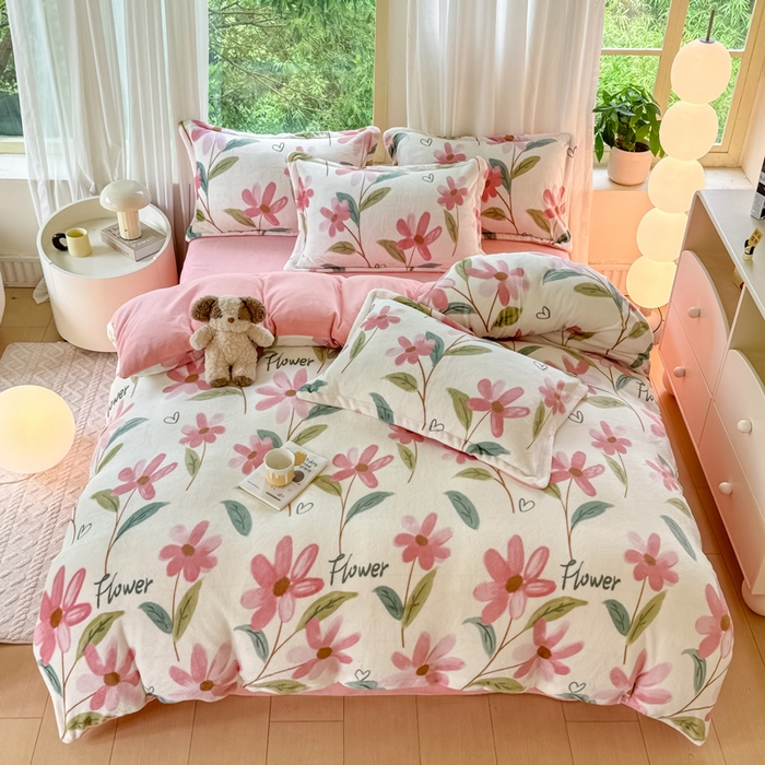 91家纺网 家纺一手货源 找家纺 富之航家纺 2024新款高克重小清新牛奶绒四件套 沐颜