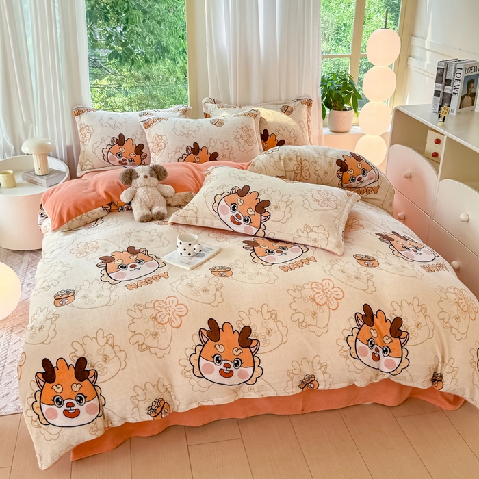 91家纺网 家纺一手货源 找家纺 富之航家纺 2024新款高克重小清新牛奶绒四件套 梦幻龙