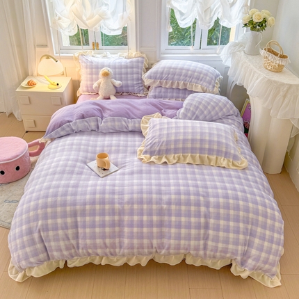 91家纺网 家纺一手货源 找家纺 2024新款高克重韩版牛奶绒四件套-奶油格子系列 奶油紫格