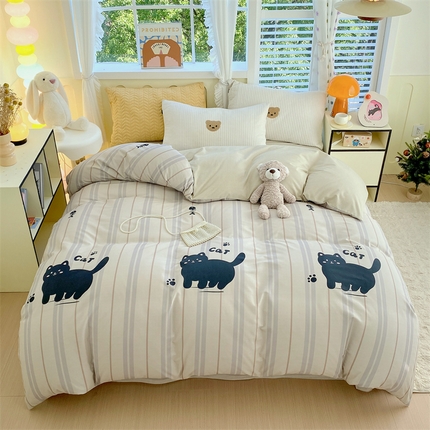 91家纺网 家纺一手货源 找家纺 2024新款AB版.生态磨毛印花系列单被套 小猫假日