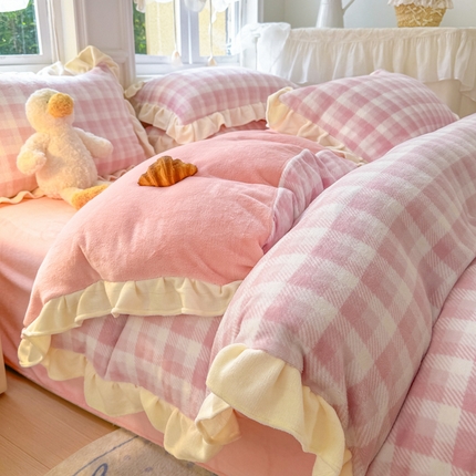 （总）2024新款高克重韩版牛奶绒四件套-奶油格子系列