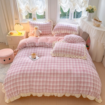 91家纺网 家纺一手货源 找家纺 2024新款高克重韩版牛奶绒四件套-奶油格子系列 奶油粉格