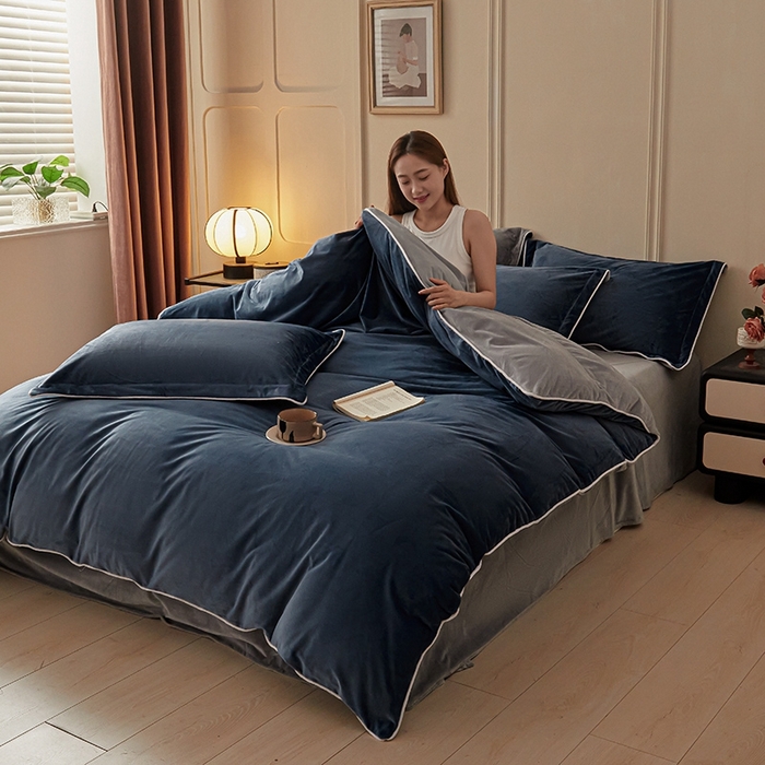 91家纺网 家纺一手货源 找家纺 澳梵家居 澳梵家居 2024新款A类宝宝绒嵌绳款四件套--【雅致系列】 深蓝+灰