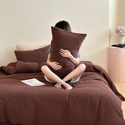 91家纺网 家纺一手货源 找家纺 （总）山舍家居 2024新款全棉极简皱皱双层纱纯色四件套