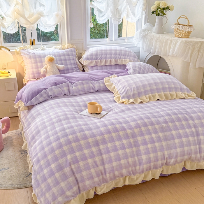 91家纺网 家纺一手货源 找家纺 2024新款高克重韩版牛奶绒四件套-奶油格子系列 奶油紫格