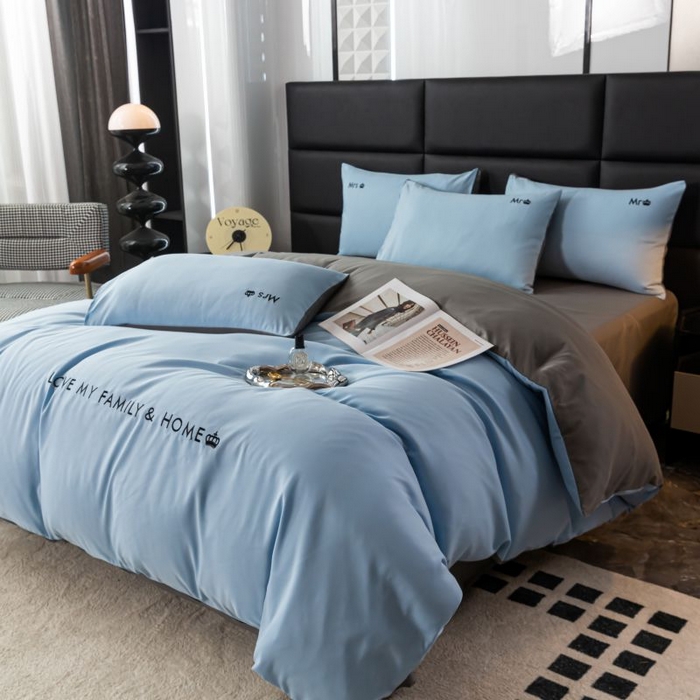 91家纺网 家纺一手货源 找家纺 梓依家纺 2024新款AB版磨毛刺绣四件套 天空蓝