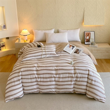 91家纺网 家纺一手货源 找家纺 2024新款AB版.生态磨毛印花系列单被套 曲线条纹-咖