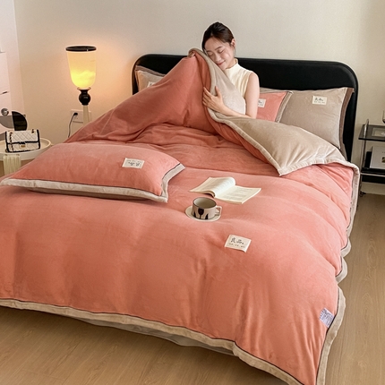 澳梵家居 2024新款牛奶绒包边嵌绳款双拼四件套 橙色拼米咖