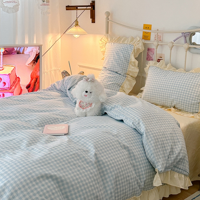 91家纺网 家纺一手货源 找家纺 2024新款花边奶油格子全棉混搭款四件套 茉香蓝格