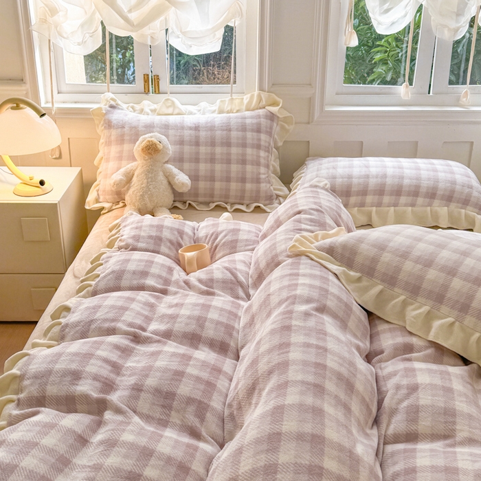 91家纺网 家纺一手货源 找家纺 2024新款高克重韩版牛奶绒四件套-奶油格子系列 奶油灰咖格