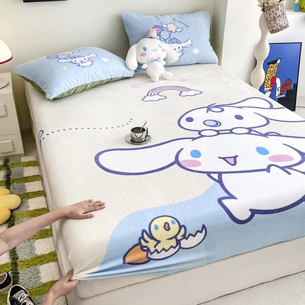 米帛家纺 2024新款A类三丽鸥卡通床笠单件床罩冬季加厚牛奶绒床垫保护罩全包床单套 彩虹玉桂狗