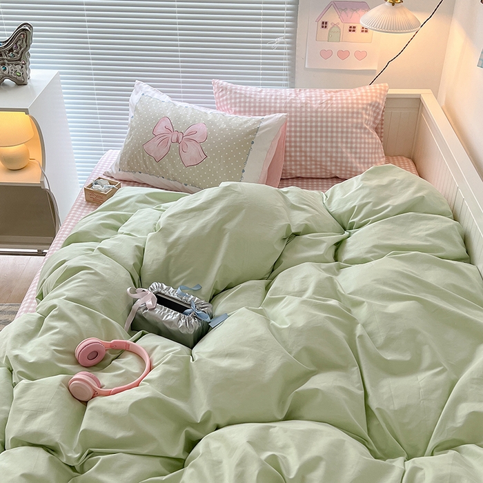 91家纺网 家纺一手货源 找家纺 2024新款全棉纯色大版枕套混搭款四件套 薄荷甜心