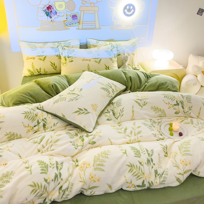 91家纺网 家纺一手货源 找家纺 2024新款抗静电加厚牛奶绒印花四件套 花叶漫舞