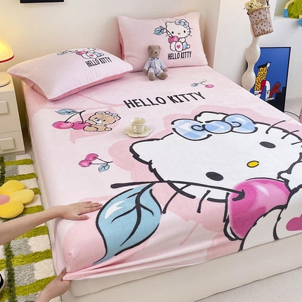米帛家纺 2024新款A类三丽鸥卡通床笠单件床罩冬季加厚牛奶绒床垫保护罩全包床单套 樱桃凯蒂猫