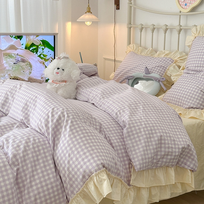 91家纺网 家纺一手货源 找家纺 2024新款花边奶油格子全棉混搭款四件套 香芋紫格