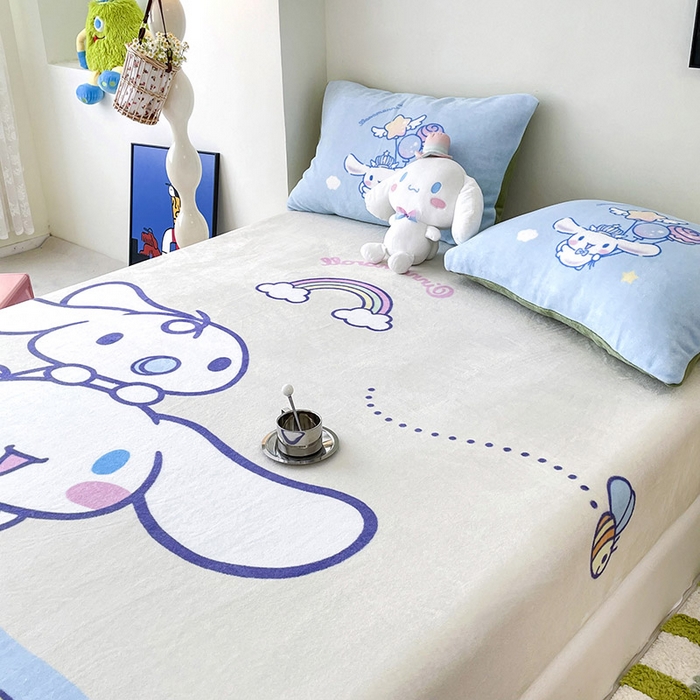 91家纺网 家纺一手货源 找家纺 米帛家纺 2024新款A类三丽鸥卡通床笠单件床罩冬季加厚牛奶绒床垫保护罩全包床单套 彩虹玉桂狗