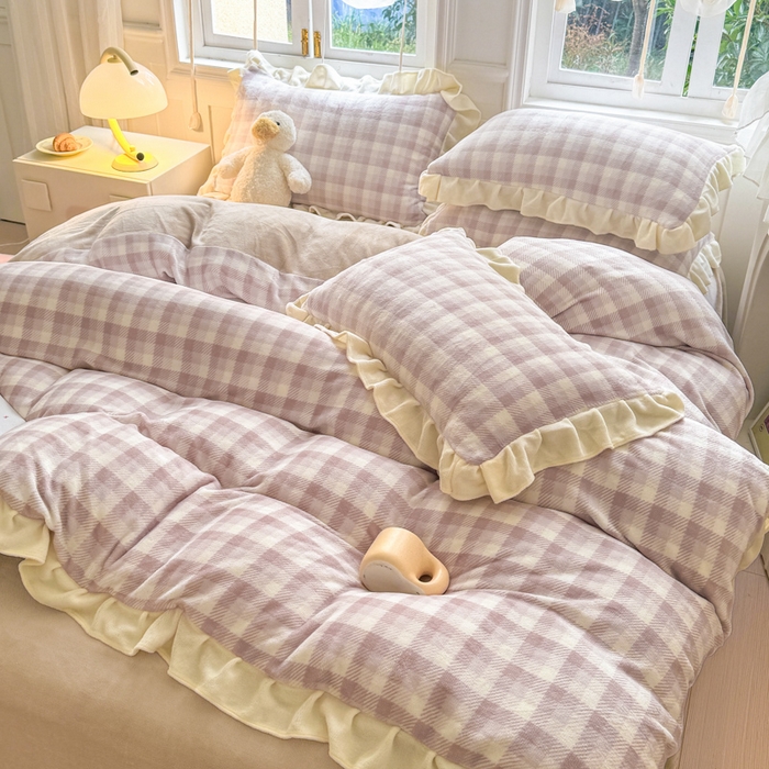 91家纺网 家纺一手货源 找家纺 2024新款高克重韩版牛奶绒四件套-奶油格子系列 奶油灰咖格