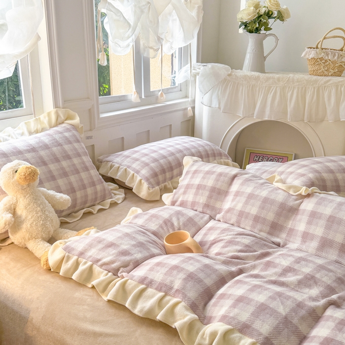 91家纺网 家纺一手货源 找家纺 2024新款高克重韩版牛奶绒四件套-奶油格子系列 奶油灰咖格