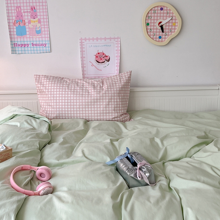 91家纺网 家纺一手货源 找家纺 2024新款全棉纯色大版枕套混搭款四件套 薄荷甜心