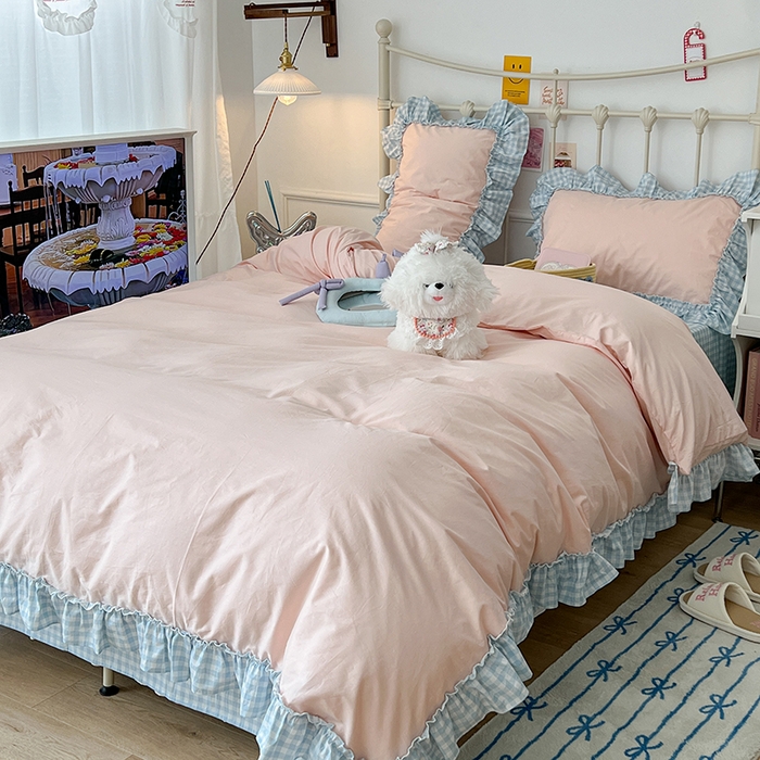 91家纺网 家纺一手货源 找家纺 2024新款花边奶油格子全棉混搭款四件套 盐莓奶芙