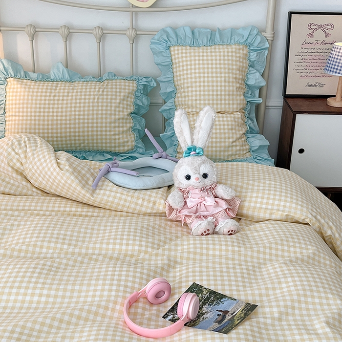 91家纺网 家纺一手货源 找家纺 2024新款花边奶油格子全棉混搭款四件套 柠檬黄格