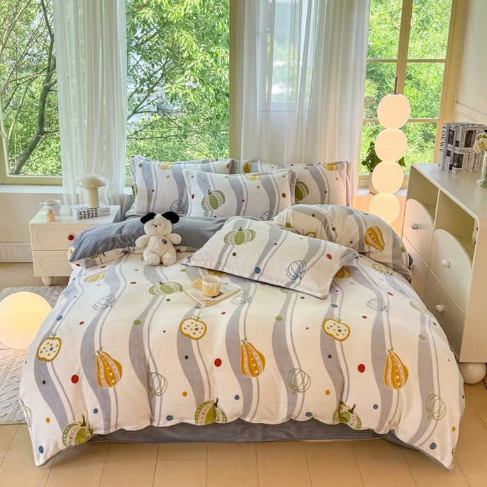 91家纺网 家纺一手货源 找家纺 富之航家纺 2024新款高克重小清新牛奶绒四件套 南瓜派对