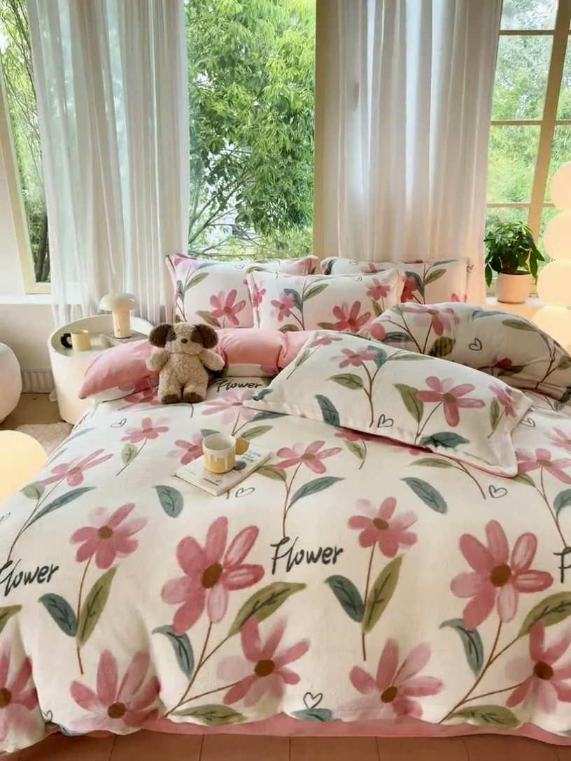 91家纺网 家纺一手货源 找家纺 富之航家纺 2024新款高克重小清新牛奶绒四件套 沐颜