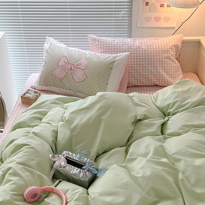 91家纺网 家纺一手货源 找家纺 2024新款全棉纯色大版枕套混搭款四件套 薄荷甜心