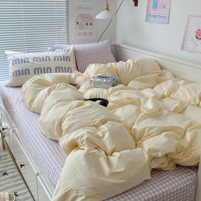 91家纺网 家纺一手货源 找家纺 2024新款全棉纯色大版枕套混搭款四件套 芋泥奶芙