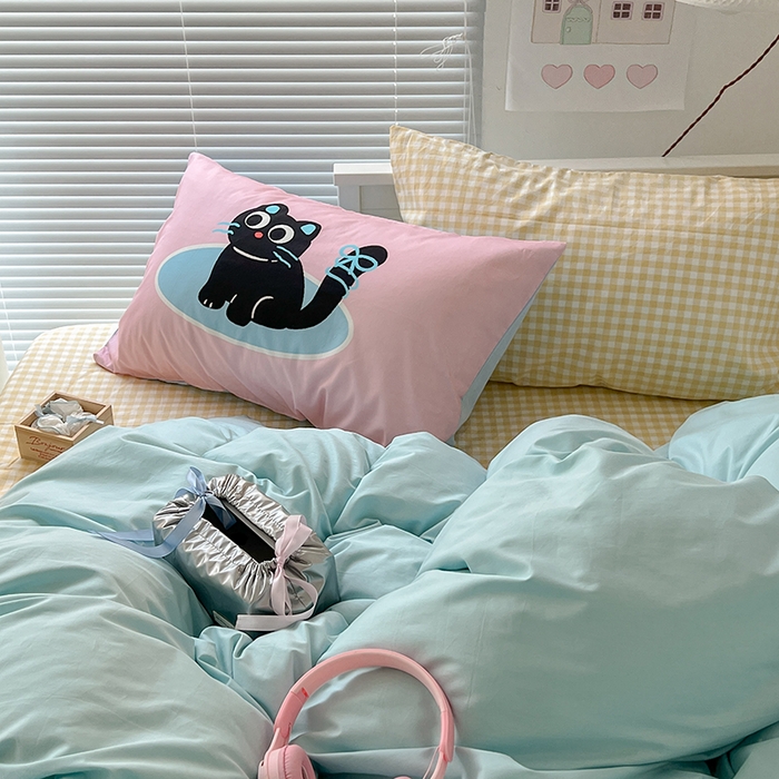 91家纺网 家纺一手货源 找家纺 2024新款全棉纯色大版枕套混搭款四件套 海盐苏打