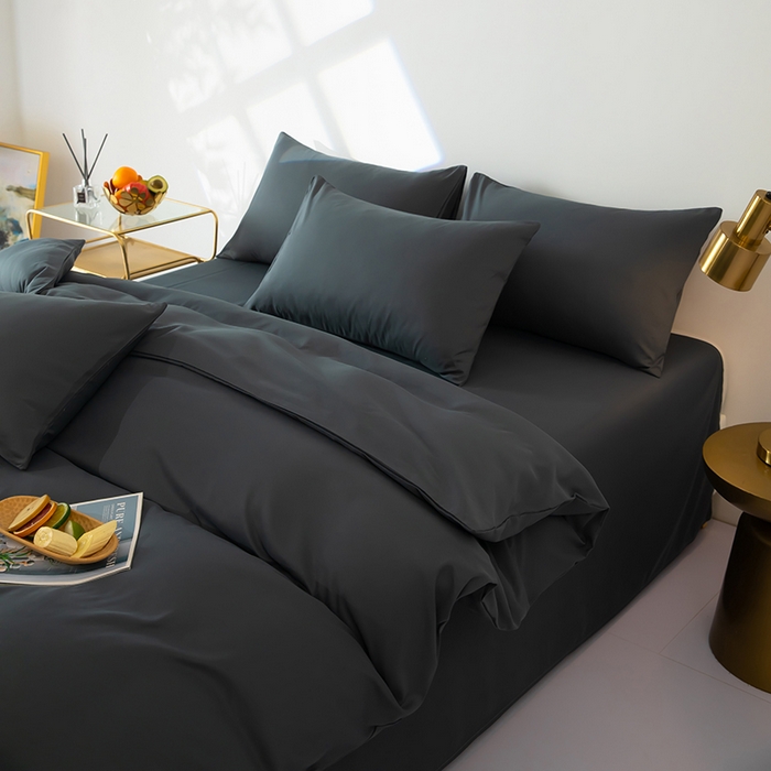 91家纺网 家纺一手货源 找家纺 梓依家纺 2024新款亲肤磨毛纯色拼色轻奢系列四件套 深灰