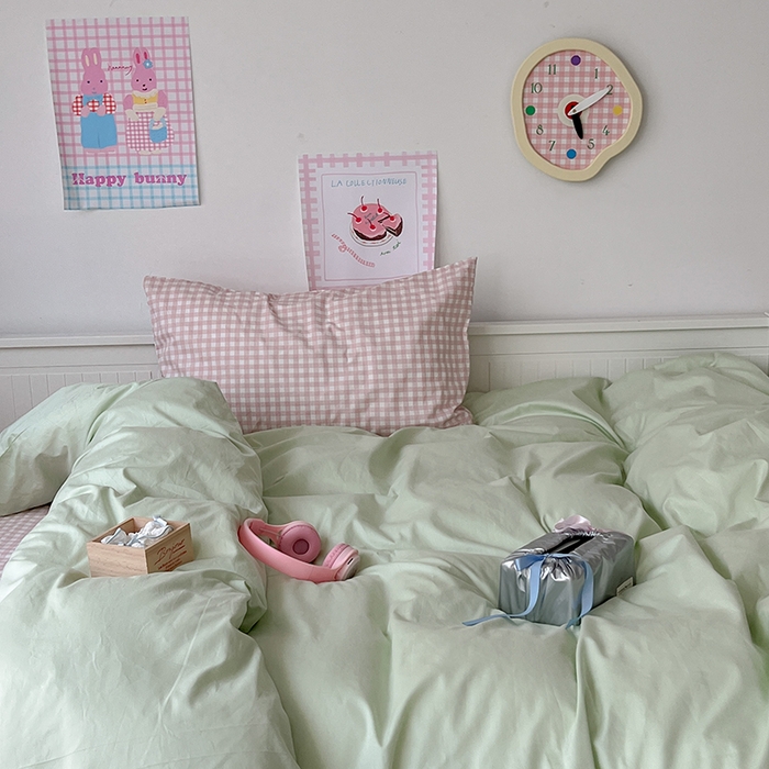 91家纺网 家纺一手货源 找家纺 2024新款全棉纯色大版枕套混搭款四件套 薄荷甜心