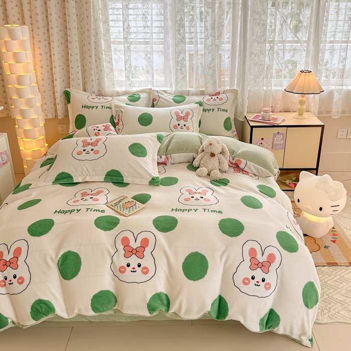 91家纺网 家纺一手货源 找家纺 全季家居 2024新款A类小清新印花牛奶绒高克重加厚保暖四件套 点点兔