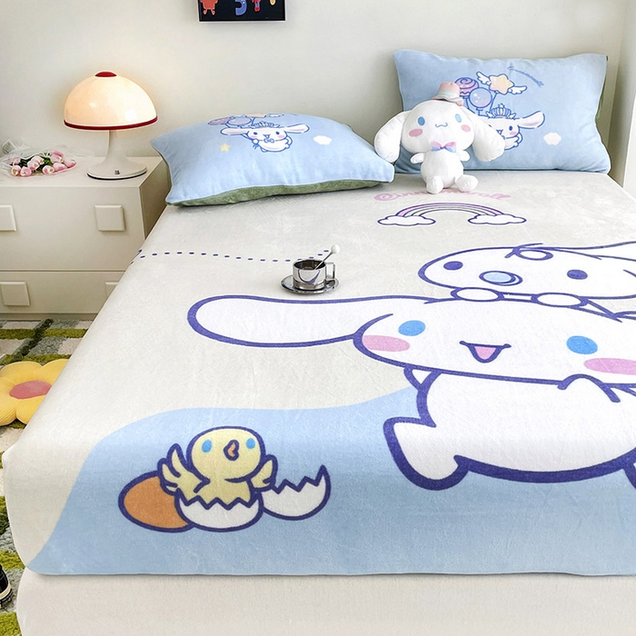 91家纺网 家纺一手货源 找家纺 米帛家纺 2024新款A类三丽鸥卡通床笠单件床罩冬季加厚牛奶绒床垫保护罩全包床单套 彩虹玉桂狗