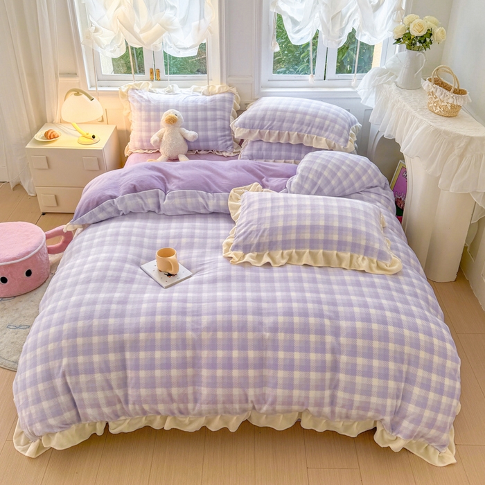 91家纺网 家纺一手货源 找家纺 2024新款高克重韩版牛奶绒四件套-奶油格子系列 奶油紫格
