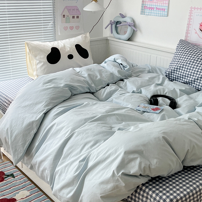 91家纺网 家纺一手货源 找家纺 2024新款全棉纯色大版枕套混搭款四件套 蓝莓牛乳