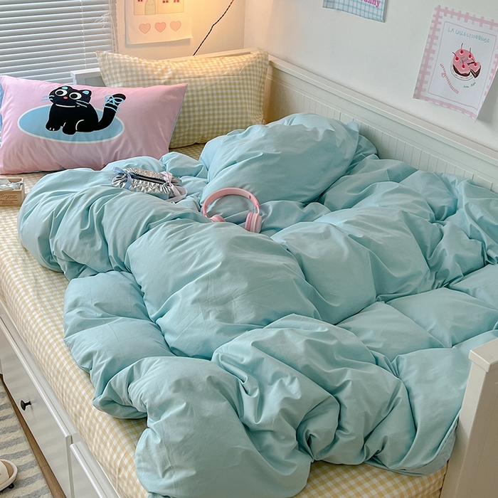 91家纺网 家纺一手货源 找家纺 2024新款全棉纯色大版枕套混搭款四件套 海盐苏打